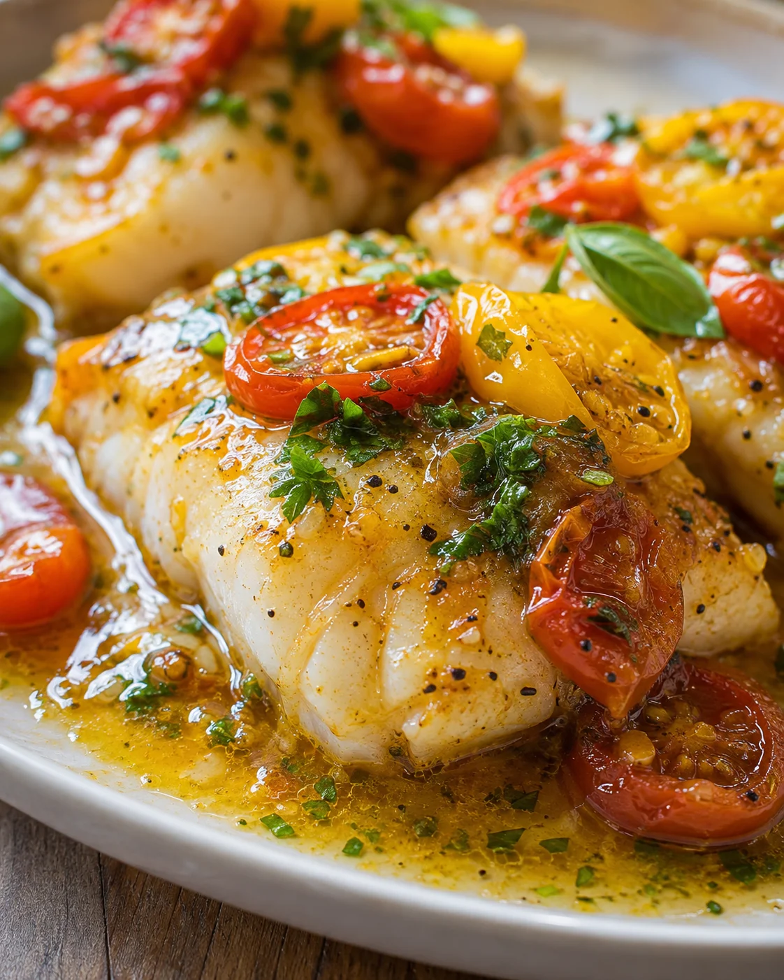 Delicious pan-seared cod topped with a vibrant tomato basil sauce and fresh herbs
