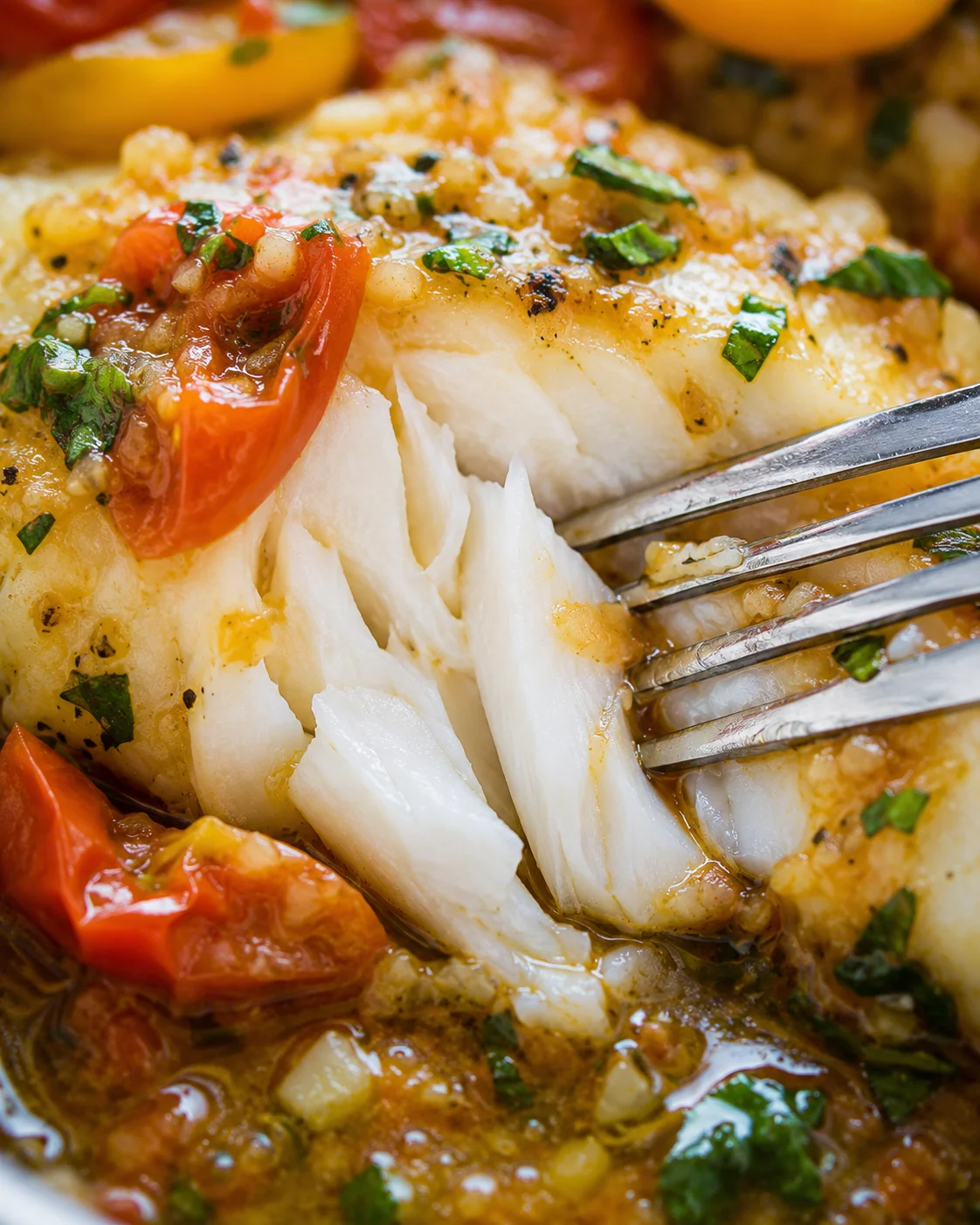 Delicious pan-seared cod topped with vibrant tomato basil sauce and fresh herbs